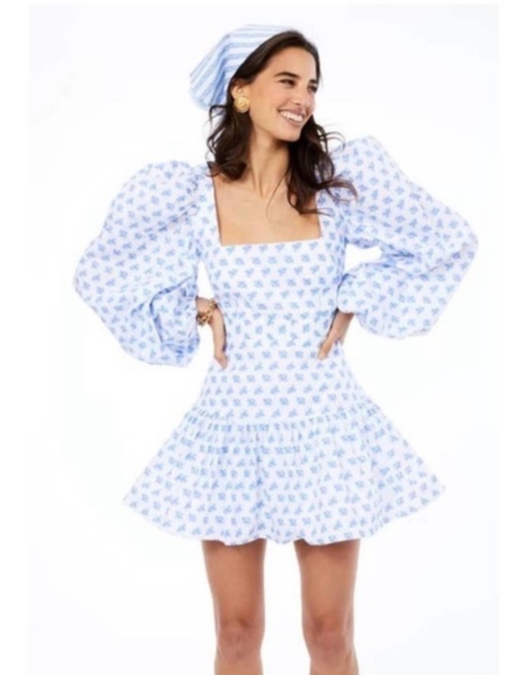 Caroline Constas Light Blue Floral Puff-Sleeve Mini Dress